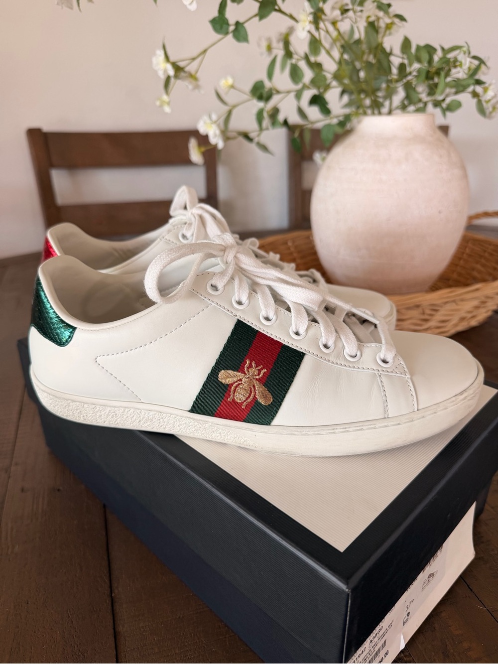 Gucci White Leather Sneakers with Green & Red Web and Gold Bee